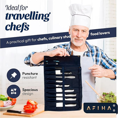 Chef’s Knife Roll Bag with 100% Top Grain Leather Knife Roll Bag with Waxed Canvas & Zippered Cover | Adjustable Strap with 9 knives Slots, Extra Storage & Pocket | US Brand