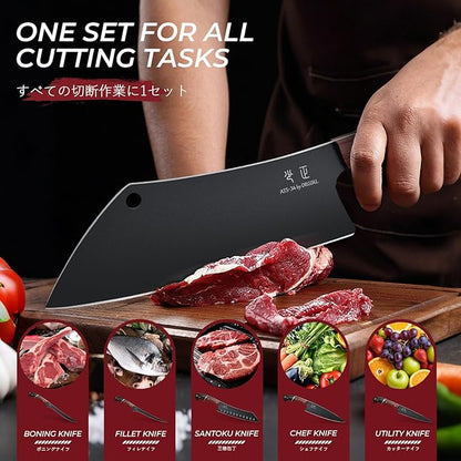 Kitchen Knife Set with Bag - 6 PCS Chef Knife Set - Cleaver, Boning, Fillet, Santoku, Kitchent Utility Knife, Chef Knife with Full Tang Wooden Handle, Butcher Knife Set for Men, Ideal Gift