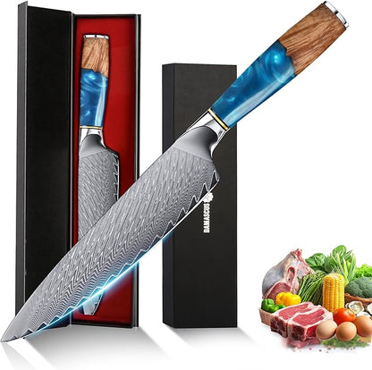 8" Chef's Knife, Japanese Damascus Chefs Knife 67 Layers High Carbon VG10 Steel Core with Resin & Burl Ergonomic Handle, Gift Box