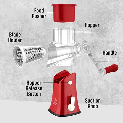 Zulay Kitchen Rotary Cheese Grater 5 Blade Cheese Shredder - Manual Hand Crank Cheese Grater With Reinforced Suction & 5 Interchangeable Drums - Easy to Use, Vegetable Chopper Round Mandoline Slicer
