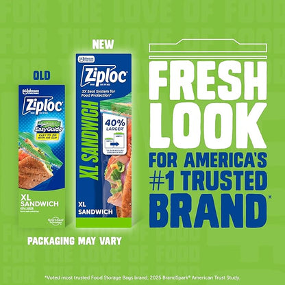 Ziploc XL Sandwich and Snack Bags with EasyGuide Texture, Plastic Storage Bags with Grip 'n Seal Technology, 90 Bags Total