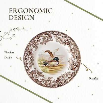 Spode Woodland Mallard 9" Soup Plate - Rustic Fine Earthenware Bowl for Soup, Salad, Pasta with Bird Design - Microwave, Oven, Freezer & Dishwasher Safe - Matches Woodland and Delamere Collections