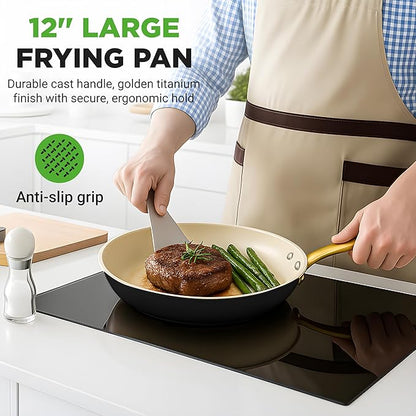 NutriChef 12" Large Ceramic Fry Pan - Non-Stick Ceramic Coated Skillet with Stylish Titanium Handle, Durable, Easy to Clean, Professional Cookware