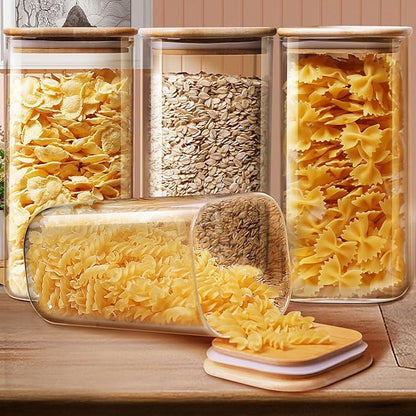 Square Glass Jars with Bamboo Lids 53 FL OZ [Set of 4], Glass Canisters with Airtight Lid, Glass Food Storage Containers for Pasta, Cereal, Coffee, Flour, Sugar, Best for Kitchen & Pantry