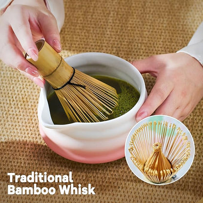 Matcha Whisk Set, Pink Matcha Kit, 8 Pcs Matcha Set Includes Matcha Bowl with Spout, Matcha Whisk and Holder, Ceramic Tea Caddy, Bamboo Scoop, Scoop Rest, Sifter and Tea Towel, Gift for Tea Lover