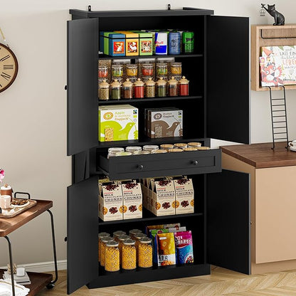 Pantry Organizers and Storage Cabinet, 70” Barn Door White Kitchen Cabinet with Drawers and Adjustable Shelf, Tall Pantry for Kitchen, Dining Room, Living Room Bedroom