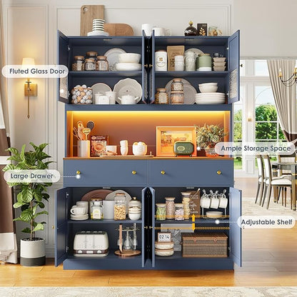 FINETONES 71" Pantry Cabinet with LED Light and Charging Station, Farmhouse Kitchen Pantry Cabinet with Microwave Stand, 47.2" Wide Kitchen Hutch Food Pantry with Open Countertop, Blue