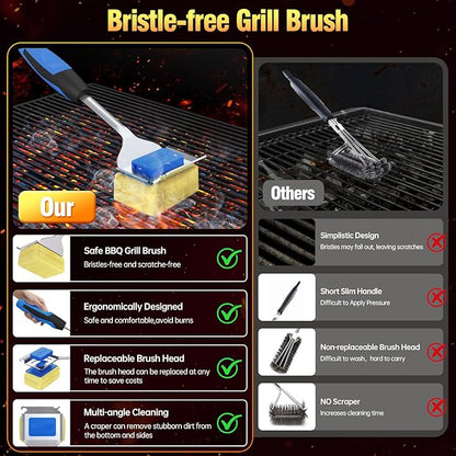 Grill Brush Bristle Free for Outdoor Grill, Steam Grill Cleaning Brush Replaceable BBQ Cleaner Brush Head,Extended Handle, Safe Grill Brush with Scraper for Cast Iron Stainless-Steel Grates,Blue