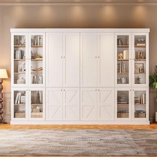 70.8" Tall Farmhouse Bookshelf, Modular Bookcase with Glass Doors, 6-Tier Adjustable Shelves, Large Storage Cabinet for Kitchen, Living Room, White, Set of 4