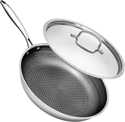 Non Stick Frying Pans with Lids, 12 Inch Fry Pan, Hybrid Large Frying Pan with Lid, Nonstick Skillet Stainless Steel, Dishwasher & Oven-Safe, Induction Compatible Cooking Pan
