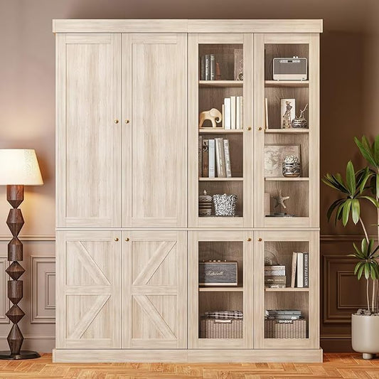 70.8" Tall Farmhouse Bookshelf, Modular Bookcase with Glass Doors, 6-Tier Adjustable Shelves, Large Storage Cabinet for Kitchen, Living Room, Brown, Set of 2