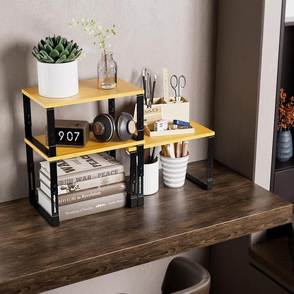 Adjustable Storage Shelves for Kitchen Cabinet Organization - Set of 2 Stackable Metal & Solid Wood Racks, Space-Saving Design for Countertop/Pantry/Garage, Easy Assembly(1 Pack/Medium/Black)