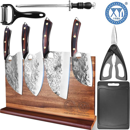 XYJ Authentic Since 1986,Kitchen Knife Block Set,High Carbon Steel Blades,Knives Set with Wooden Magnetic Knife Block,Sharpening Steel,Cutting Board,Cleaver Slicing Knife,Wood Handle