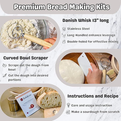 Artisan Bread Banneton Proofing Basket Set of 2, 9 inch Round & 10 inch Oval Sourdough Baskets with Danish Whisk, Dough Cutter, Scraper, Flour duster, Cleaning Brush, Bread Lame &10 Blades