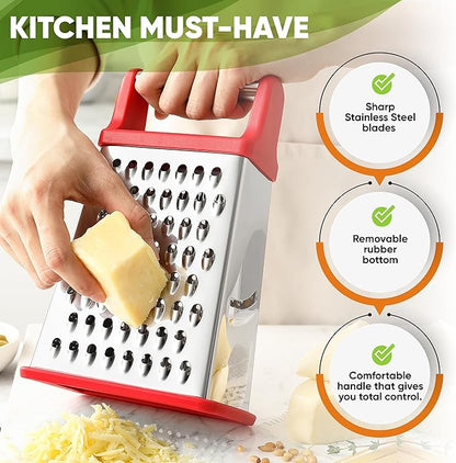Spring Chef Professional Cheese Grater - Stainless Steel 4 Sided Box Grater for Kitchen, XL Size - Perfect Shredder for Parmesan Cheese, Carrot, Potato, Ginger - Dishwasher Safe - Red