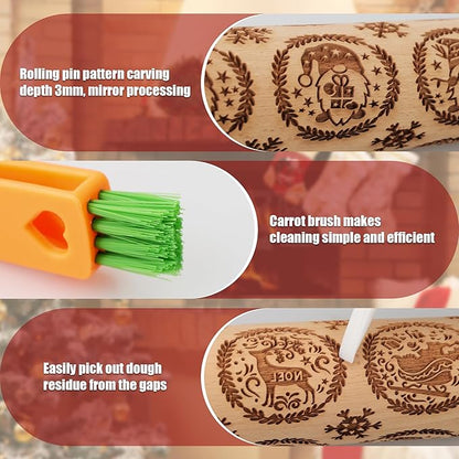 17" Premium Wooden Rolling Pins for Baking with Gnome Embossed Designs | 3mm Deep Springerle Cookie Molds | Christmas Rolling Pin & Baking Gifts for Women | Includes 3-in-1 Cleaning Brush