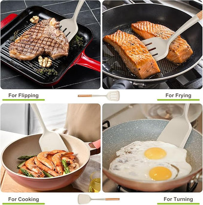 Pack of 2 Silicone Spatula Set with Elegant Wooden Handle, Heat Resistant Solid & Slotted Turner for Non Stick Pans, Great Kitchen Spatulas, Cooking Utensils for Sautéing, Frying and Flipping