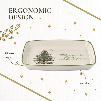 Spode Christmas Tree Rectangular Sentiment Tray (7" x 5") - Festive Earthenware Serving Plate for Holiday Snacks, Side Dishes, Treats, Durable Christmas Tableware - Microwave & Dishwasher Safe
