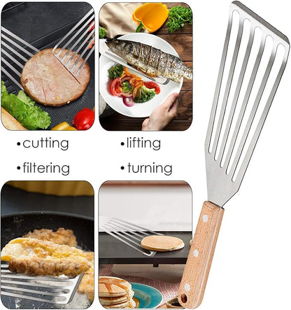 Fish Spatula Set of 2, HaSteeL Stainless Steel Slotted Spatula Turner with Riveted Wooden Handle, Professional Metal Spatulas Great for Kitchen Cooking Flipping Frying & Grilling, 2 x Hooks