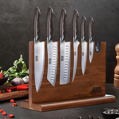 HOSHANHO 7 Pieces Kitchen Knife Set, Japanese High Carbon Stainless Steel Magnetic Knife Block Set, Ultra Sharp Chef Knives Sets with Ergonomic Pakkawood Handle