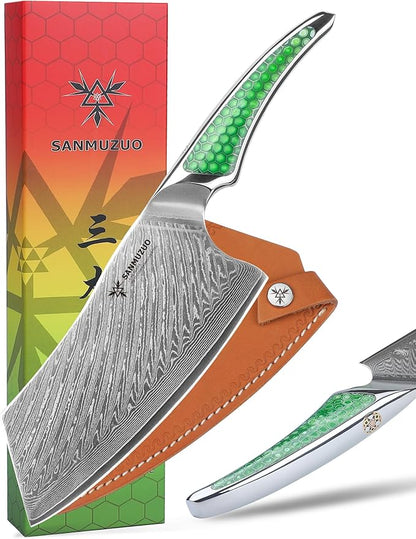 7 inch Nakiri Knife, Japanese VG-10 Damascus Steel Meat Cleaver, Ultra Sharp Vegetable Knife with Full-tang Handle in Green Resin, LA-S9 Series