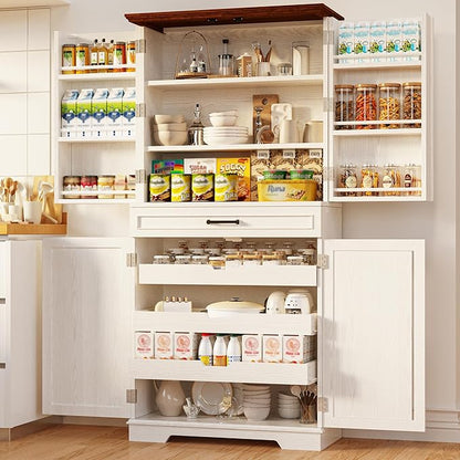 IRONCK Farmhouse Kitchen Pantry Cabinet, 72" Height Tall Freestanding Cupboard with Sliding Storage Rack and 6 Hanging Shelves for Kitchen, Dining Room, White