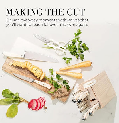 Styled Settings White Knife Set with Block and Sharpener – 14-Piece Ultra-Sharp High Carbon Stainless Steel Knives with Gold Triple Rivet White Handles and Ashwood Knife Block