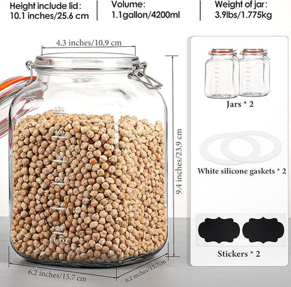[UPGRADE] 2 Pack Square Super Wide Mouth Airtight Glass Storage Jars with Lids, 1.1 Gallon Glass Container with 2 Measurement Marks, Canning Jars with Leak-proof Lid for Kitchen (Spare Gasket)