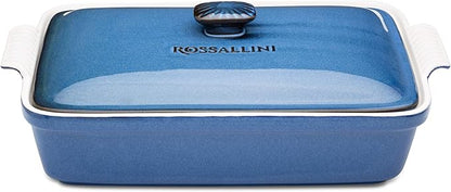 Stoneware Casserole Dish Bakeware Set with Lid, Covered Rectangular Dinnerware, Large 3.2 Quart, 11 by 9 Inch, Blu Indaco [Reactive Blue]