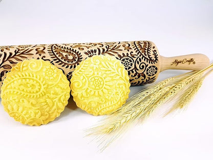INDIAN embossing rolling pin with Indian Paisley Pattern. Dough roller for embossed cookies and Pottery by Algis Crafts