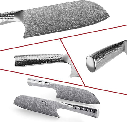 4 Pieces Damascus Kitchen Knife Set With Block - 8" Chef, 7" Santoku, 3.5" Paring, 3 Slots Natural Wood Block, 67 Layer Handmade Damascus VG10 Steel Core, Hammered Ergonomic Handle