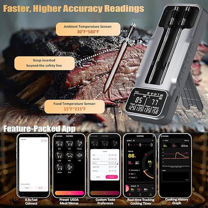 Dual-Probe Wireless Meat Thermometer for Grilling, Smoking, BBQ - Bluetooth Enabled Smart Grill Thermometer with 2 Probes, Digital Food Thermometer, 800ft Long Range,Cooking Thermometer for BBQ/Grill