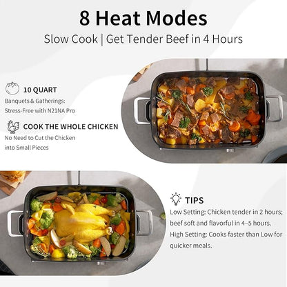 N21NA Pro Slow Cooker 10 Quart, 8-in-1 Programmable PFOA-Free Ceramic Coated Multi-Cooker with Grill Pan, Steaming Plate (Includes Silicone Spoon & Tongs)