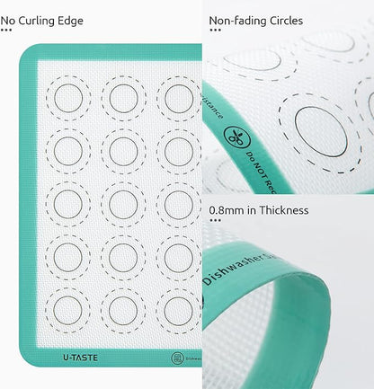 446ºF Heat Resistant Macaron Mat: U-Taste 11x11 Inch Non Stick Silicone Baking Mat, Reusable Cookies Pastry Sheet Liner with Edge Enhancement & Circle Measurement for Square Cake Pan (2 PCS, Aqua Sky)
