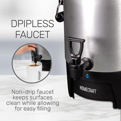 Homecraft 45-Cup Coffee & Hot Beverage Urn - Quick Brewing, Drip-Free Spout, Water Level Markings, Reusable Filter, & Carry Handles - Aluminum