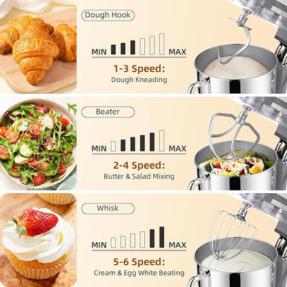 Dough Mixer 8.45 QT Electric Mixer - 660W 6 Speed Large Capacity Kitchen Stand Mixer with Whisk Dough Hook Mixing Beater Household Food Mixer for Baking Cakes Cookie Bread Salad (Silver)