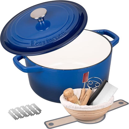 Enameled Cast Iron Dutch Oven Pot with Lid, for Bread Baking, Round Bread Oven- include Sourdough Bread Baking Supplies Set, 4.5QT, Blue