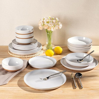 AmorArc Ceramic Dinnerware Sets for 8, 24 Pieces Handpainted Plates and Bowls Set with Rustic Terracotta Underside, Scratch Resistant Stoneware Dishes Set, Dishwasher & Microwave Safe, White