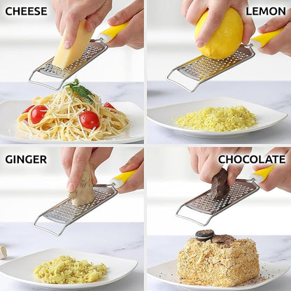 Zulay Kitchen Professional Cheese Grater Stainless Steel - Durable Rust-Proof Metal Lemon Zester Grater With Handle - Flat Handheld Shredder for Parmesan, Chocolate, Spices, And More - Yellow
