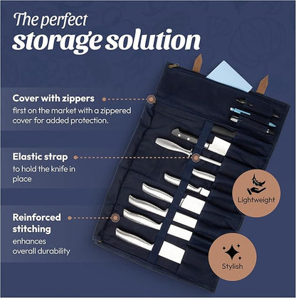 Chef’s Knife Roll Bag with 100% Top Grain Leather Knife Roll Bag with Waxed Canvas & Zippered Cover | Adjustable Strap with 9 knives Slots, Extra Storage & Pocket | US Brand