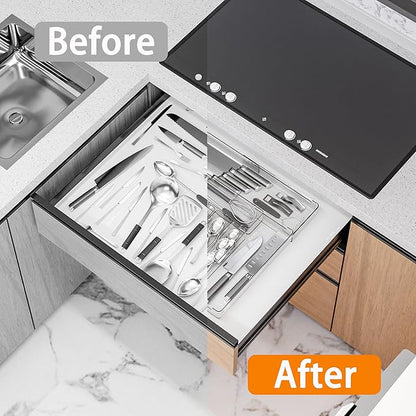 Silverware Drawer Organizer, Expandable Utensil Tray for Kitchen Drawers,BPA Free Flatware and Cutlery Holder,Adjustable Plastic Storage for Utensil like Spoons, Forks, Knives.Clear