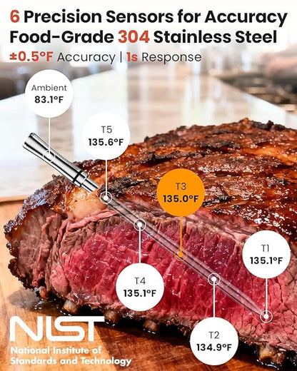 Smart Bluetooth Wireless Meat Thermometer with WiFi - High Accuracy ±0.5°F, 6 Sensors with NIST Certified Accuracy, Smart LED Base, Long-Range WiFi for BBQ, Grill, Smoker, Oven, Rotisserie