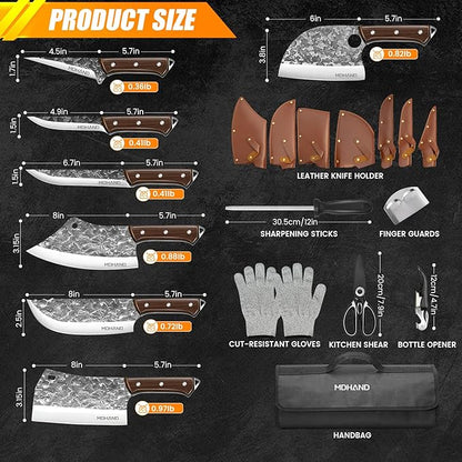 MDHAND 14PCS Professional Butcher Knife Set with Roll Bag, Heavy Duty Meat Cleaver, Boning Knife, Viking Knives, Hand Forged Chef Knife Set, Meat Cutting Knife for Kitchen, Gift for Men, BBQ, Camping