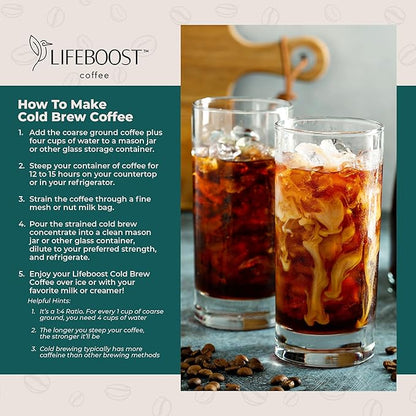 Lifeboost Low Acid Cold Brew Coffee – Organic Coarse Ground Medium Roast for Cold Brew – Single Origin, Non-GMO, 3rd Party Tested for Mycotoxins & Pesticides, USDA Organic – Smooth & Bold Flavor – 12 oz Bag