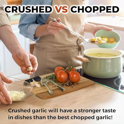 Zulay Kitchen Large Premium Garlic Press Set - Bigger Bowl for Bigger Garlic - Rust Proof & Dishwasher Safe Garlic Mincer Tool - Easy-Squeeze, Easy-Clean Silicone Garlic Peeler & Brush (Silver)
