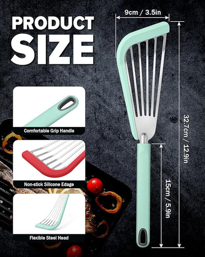 Silicone Fish Spatula Turner Set of 2, Thin Slotted Spatulas Turner for Nonstick Cookware,Heat Resistant Flexible Stainless Steel Kitchen Cooking Spatula Flipper for Fish, Egg, Pancake (RGN)