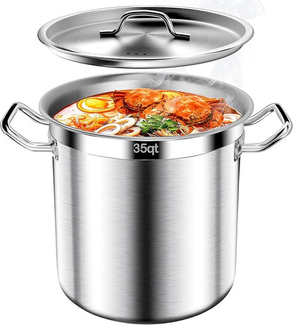 Large Stock Pot-35QT Stainless Steel Stockpot with Lid, Cooking Soup Stew Canning Cooking Pots, Cookware Sauce Pot Heavy Duty Tri-Ply Bottom Commercial Grade Stock Pot & Stockpots for Boiling