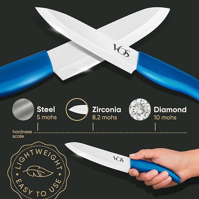 Vos Ceramic Knife Set with Block, Ceramic Knives Set For Kitchen, Ultra Sharp Kitchen Knife Set with Covers, 3" 4" 5" 6" Chef Knife, Utility, Paring & Versatile, Lightweight, Dishwasher safe (Blue)
