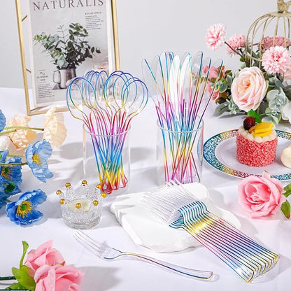 Supernal 120 PCS Clear Plastic Silverware Heavy Duty - Disposable Utensils Rainbow Colorful Silverware Set Include 40 Forks, 40 Knives and 40 Spoons for Trolls/Birthday Party, Baby Shower Decorations
