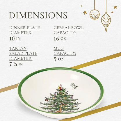 Spode Christmas Tree 16-Piece Tartan Dinnerware Set (Service for 4) - Festive Holiday Tableware with Plates, Bowls, Mugs - Porcelain Christmas Dinnerware - Microwave & Dishwasher Safe